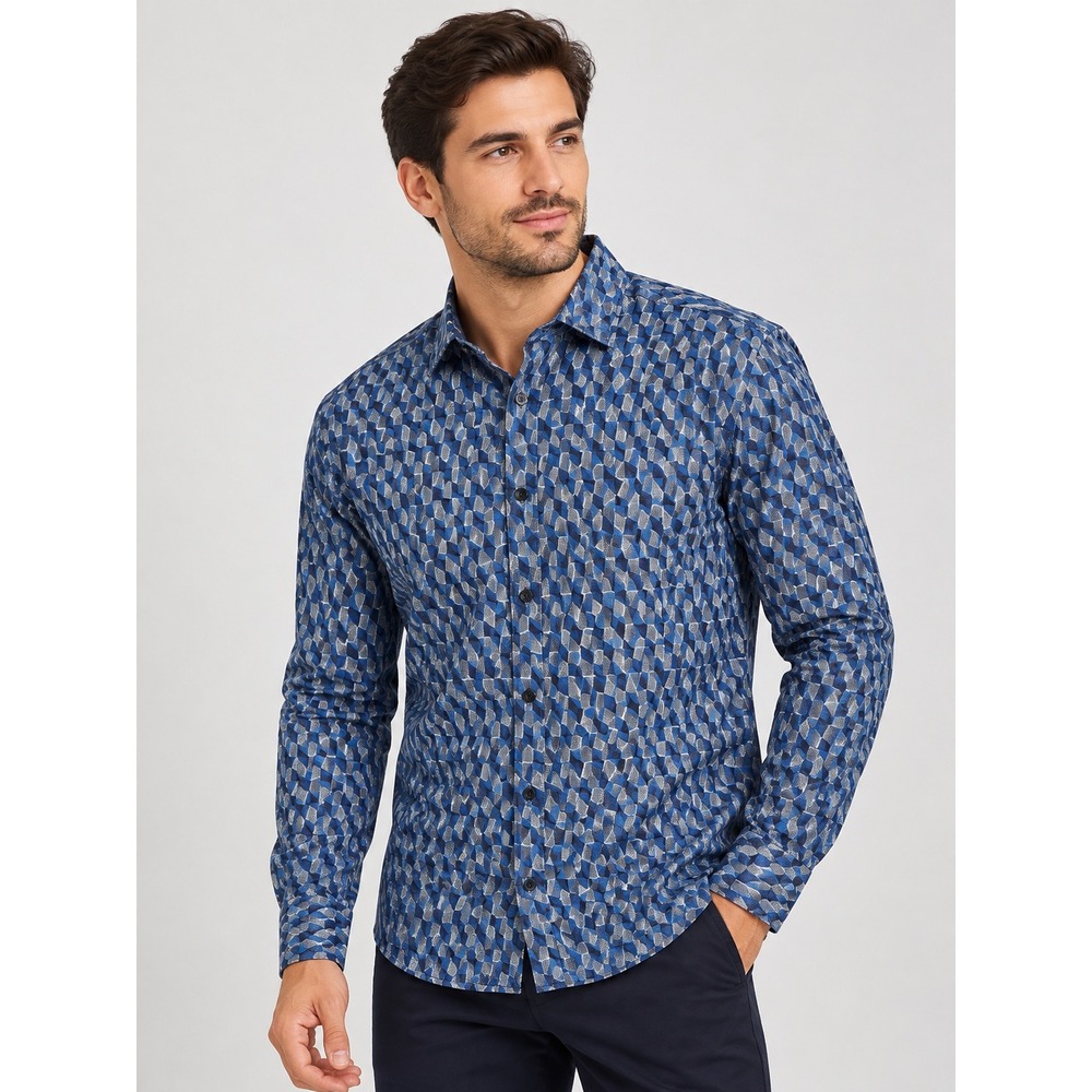 Jhane Barnes Silk Cotton Geometric Print Long Sleeve Button Down Shirt Modern